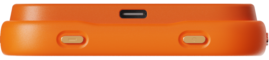 Orange VibeSay case lying flat, showing its raised camera area