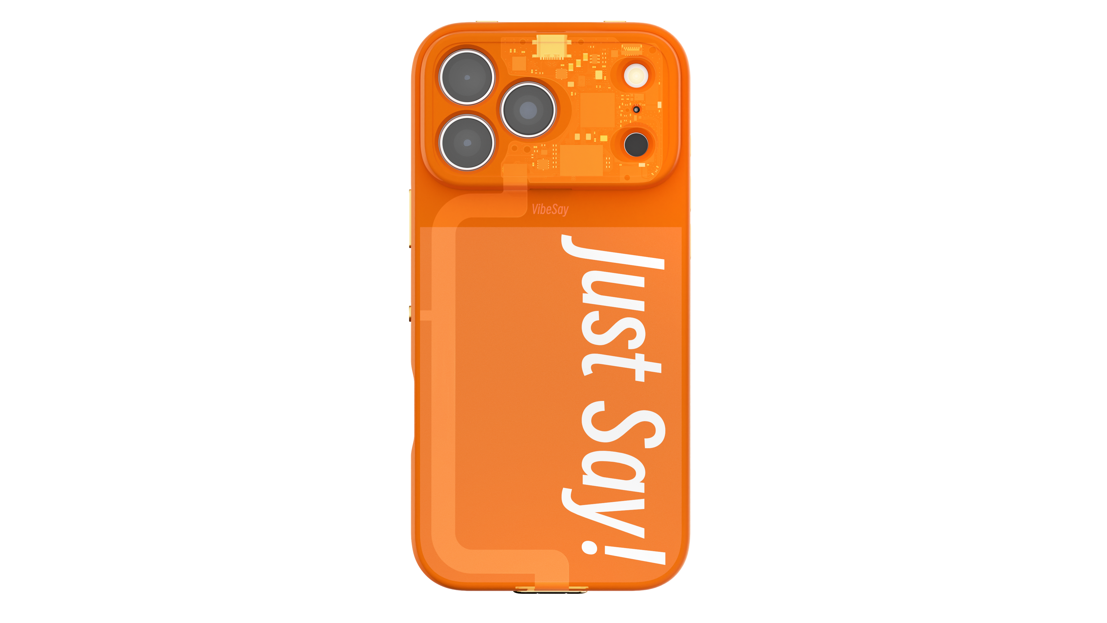 Rear view of the orange VibeSay case revealing the electronics beneath its surface