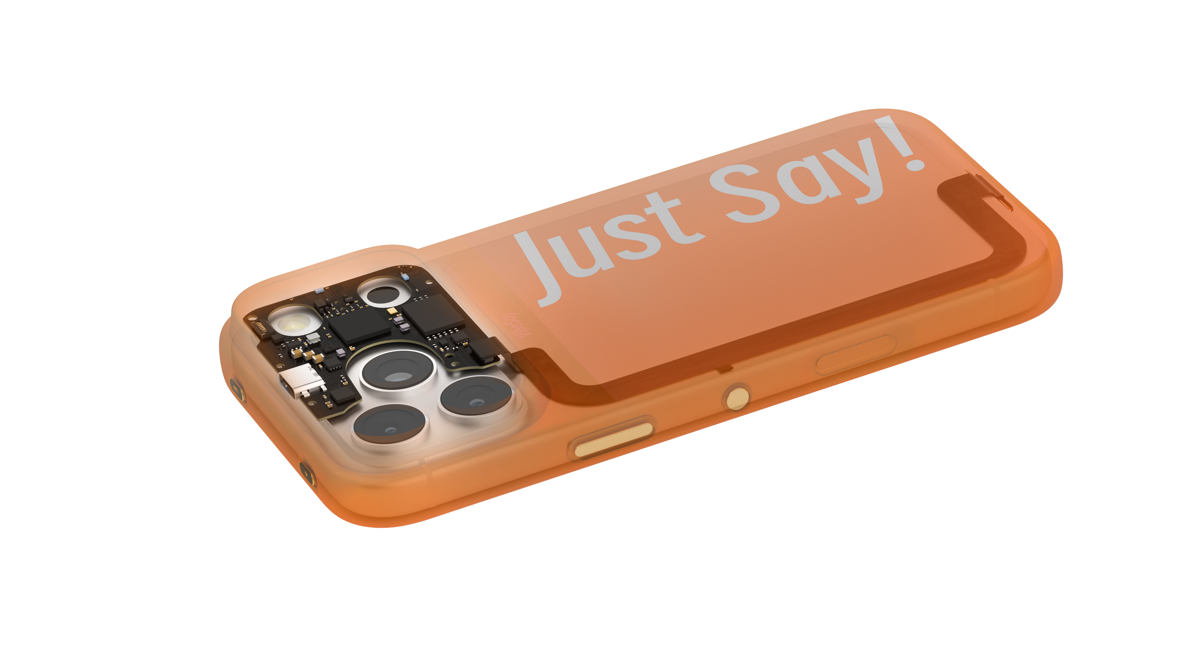 Transparent VibeSay rendering showing the circuit board around the camera area