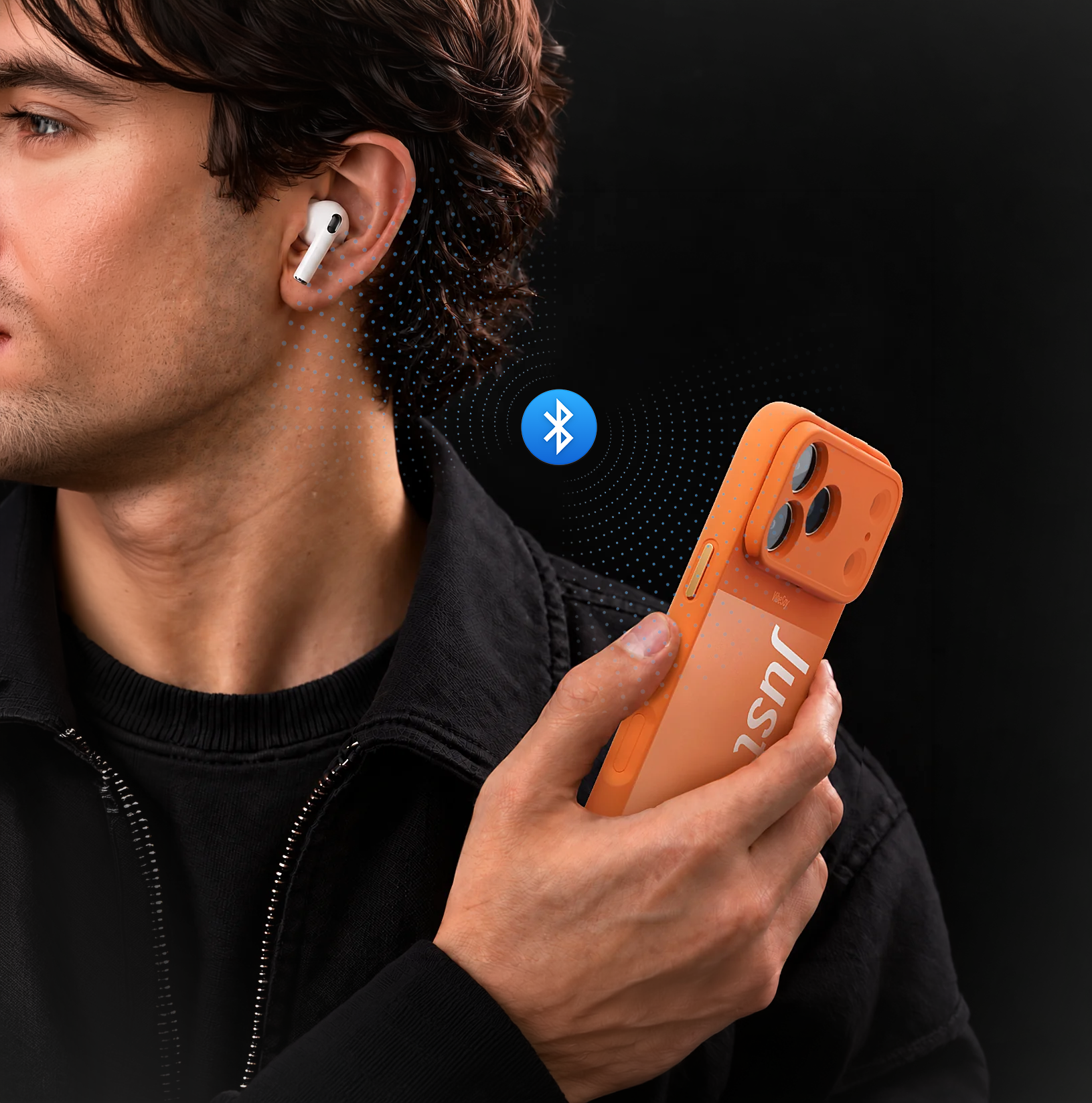 Bluetooth connection between AirPods and an orange VibeSay phone case