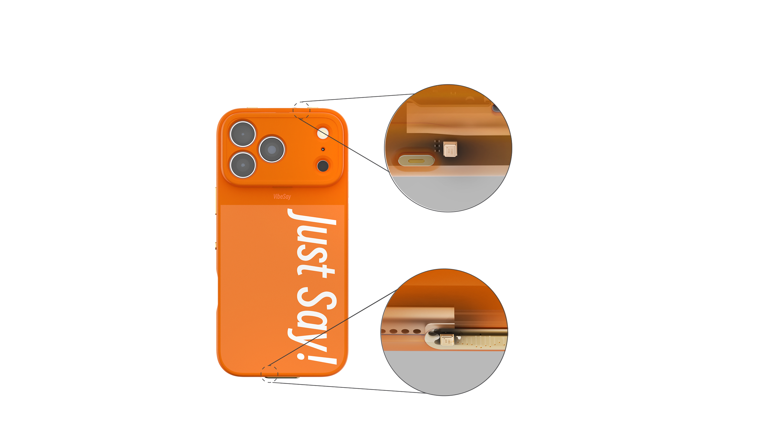 VibeSay case showing the top and bottom microphone locations and close-up views