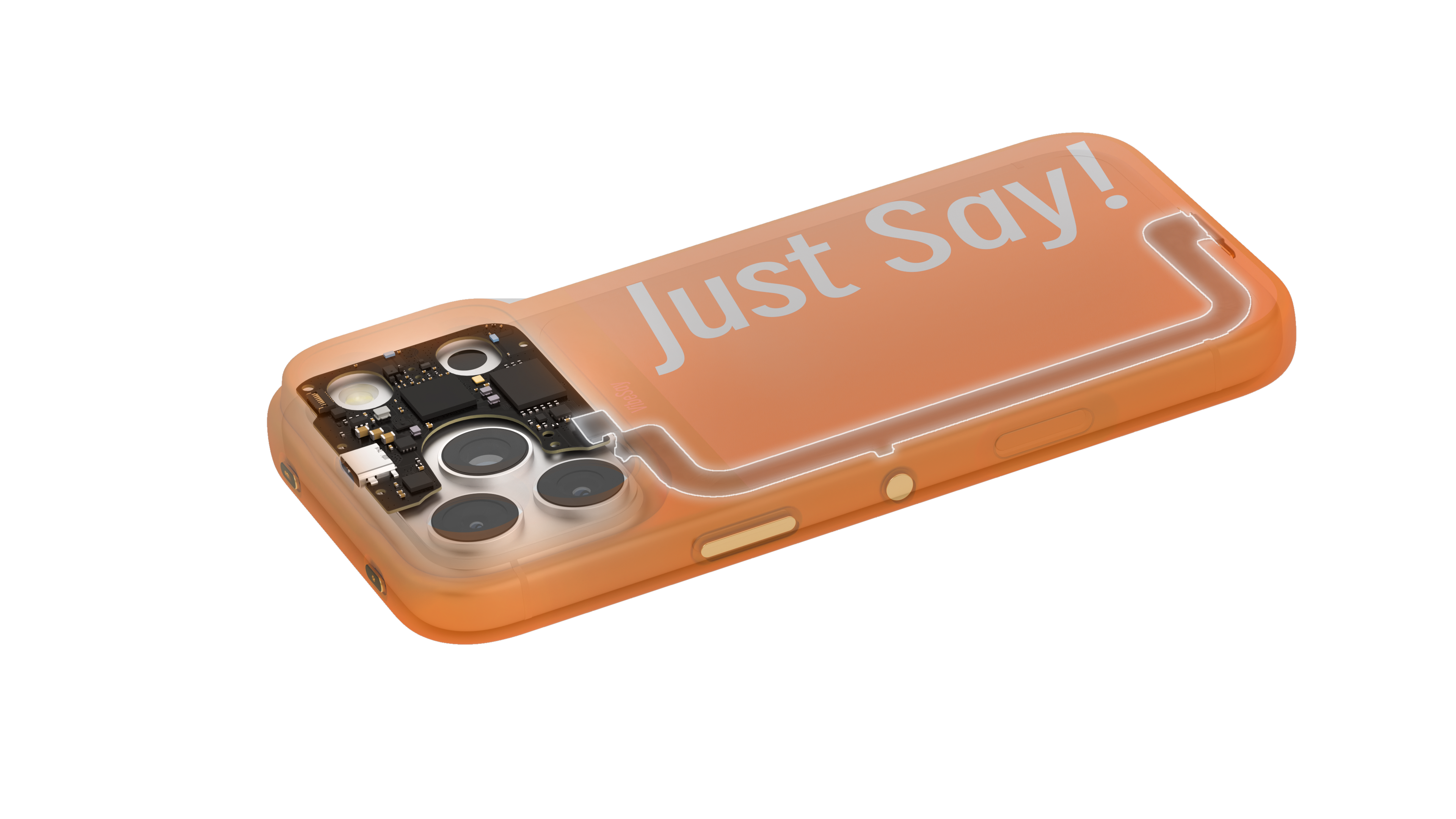 VibeSay transparent case showing the power cable highlighted in silver-white